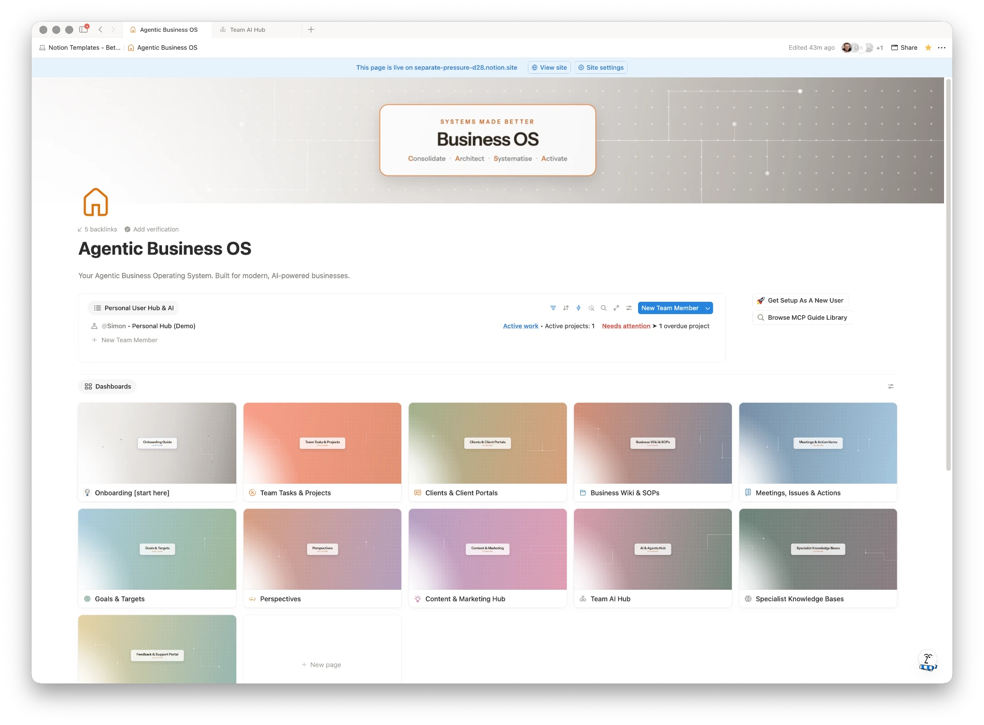The Agentic Business OS dashboard in Notion, showing dashboards for onboarding, team tasks, clients, wiki and SOPs