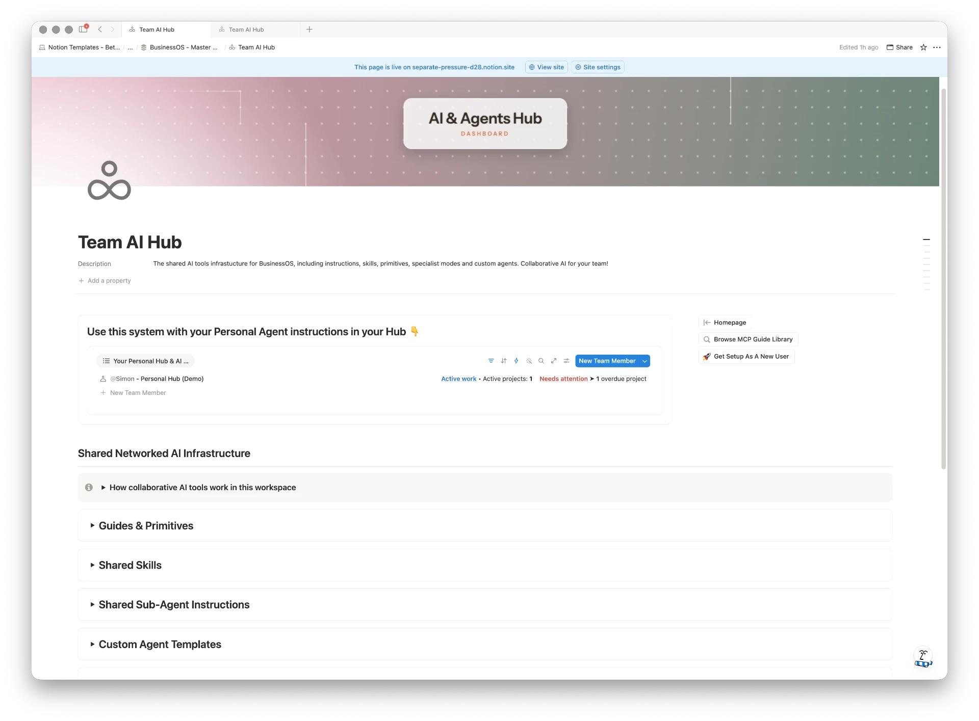 The Team AI Hub in Notion, showing shared skills, sub-agent instructions and custom agent templates