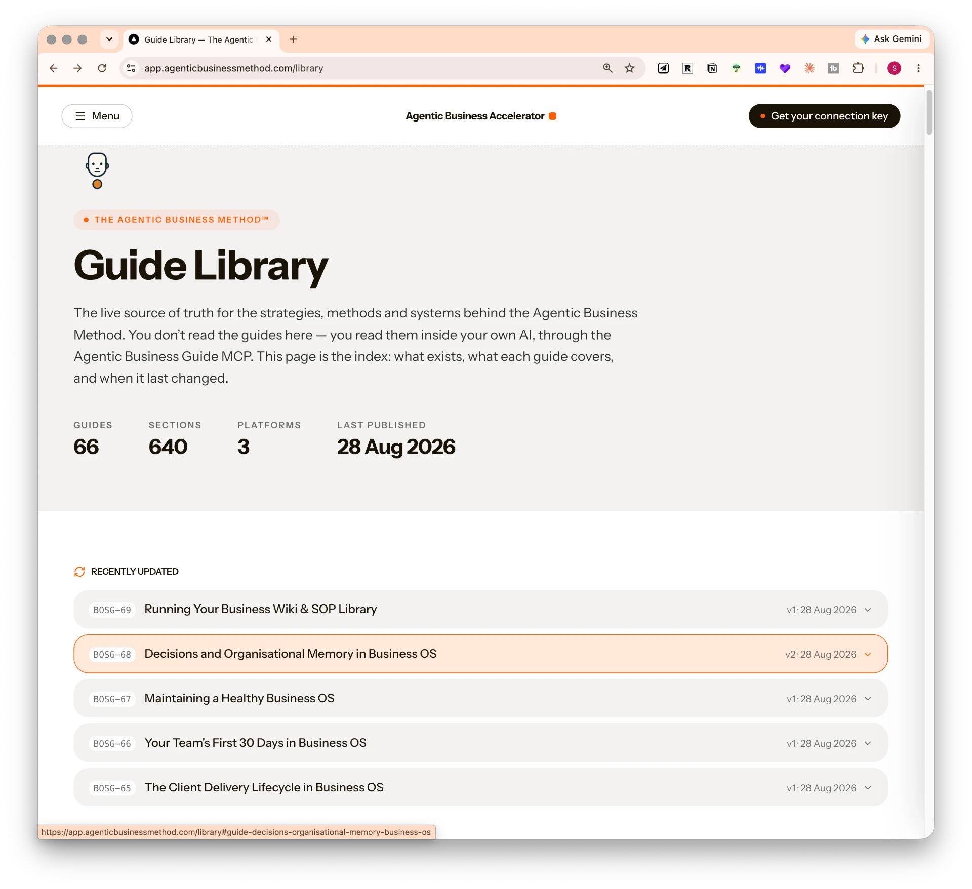 The Agentic Business Guide Library showing 66 guides and recently updated entries